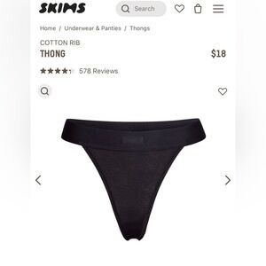 NWT Skims black cotton ribbed thong size large